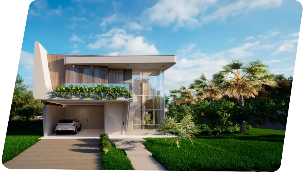Render de residência de alto padrão com estrutura projetada pela Alicerce